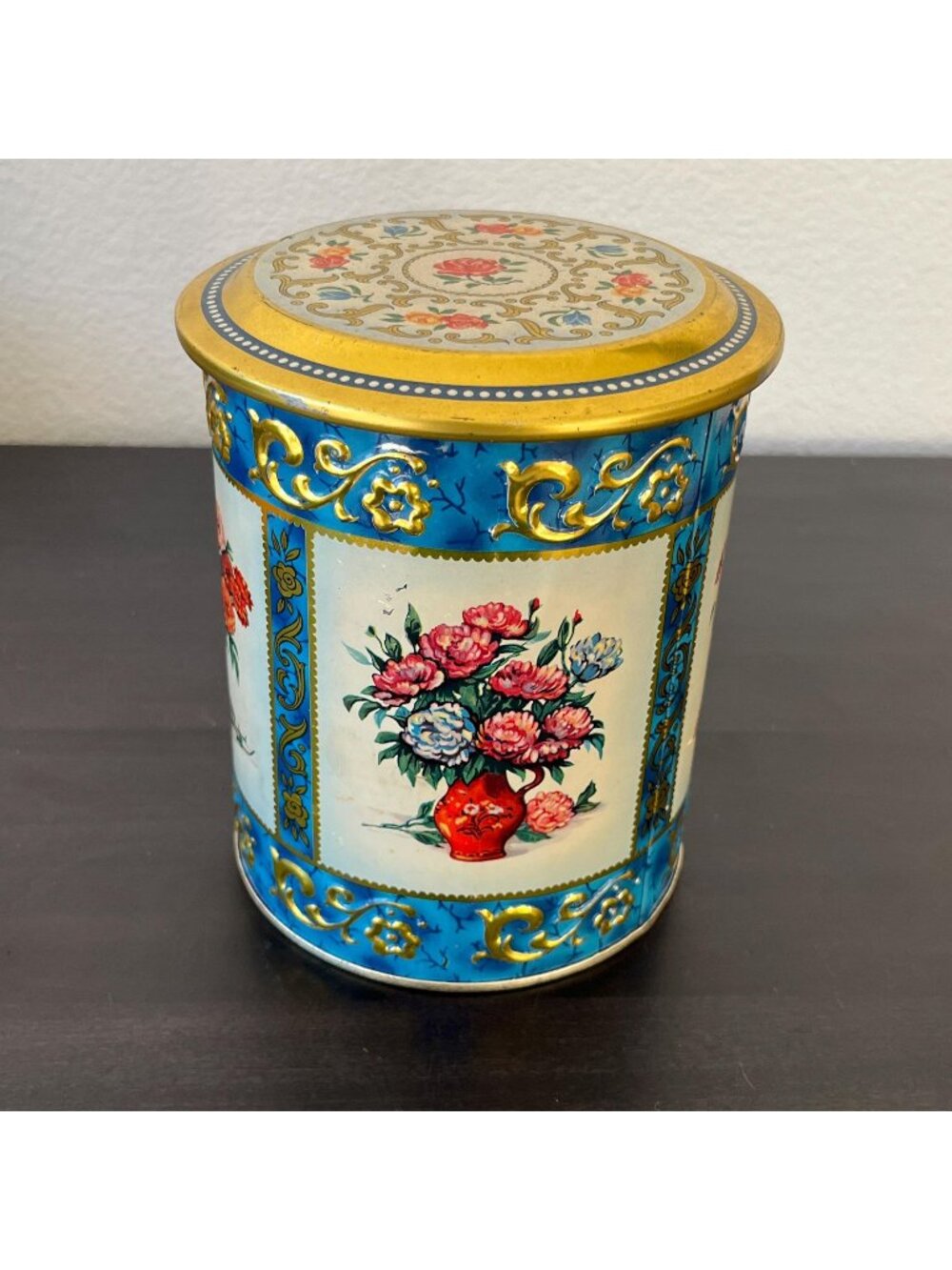 Vintage Floral Metal Candy Tin // West Germany // Decorative Biscuit Tin